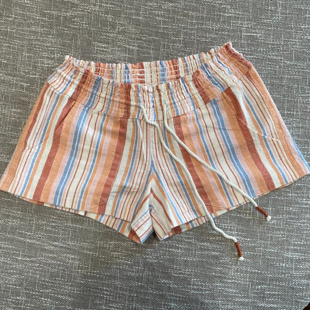 Roxy Striped Drawstring Beach Shorts in Peach, Blue & White